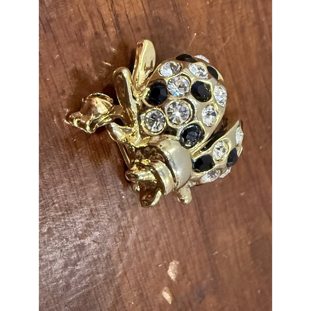 Vintage Mini Ladybug Brooch Pin Gold Tone Clear Rhinestone Black Enamel